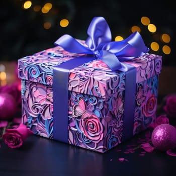 Purple pink box, gift with decorations and a bow around the bauble in the background bokeh effect. Gifts as a day symbol of present and love. A time of falling in love and love.