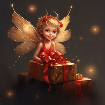 Small fairy holding a gift with a red bow. Dark background. Gifts as a day symbol of present and love. A time of falling in love and love.