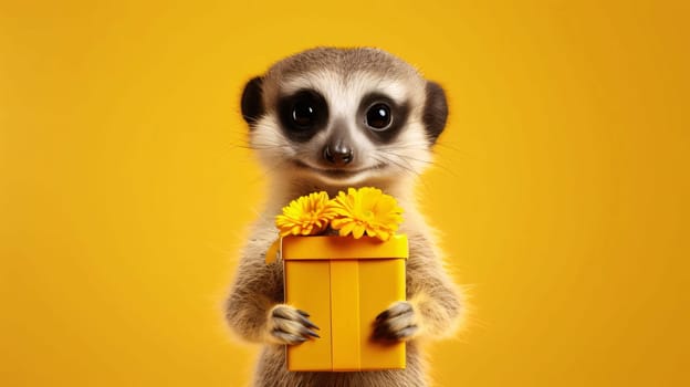 Smiling ferret holding a tiny gift with milkweed on an orange background. Gifts as a day symbol of present and love. A time of falling in love and love.
