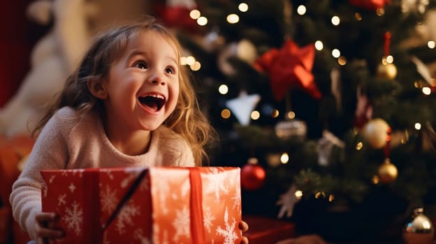 Happy girl or having a big red gift in the background Christmas tree.Valentine's Day banner with space for your own content. Heart as a symbol of affection and love.