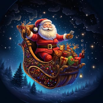 Illustration of Santa Claus in a sleigh with gifts on a night background. Gifts as a day symbol of present and love. A time of falling in love and love.