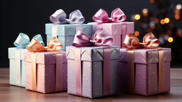 Gifts with bows on a background smudged dark. Gifts as a day symbol of present and love. A time of falling in love and love.