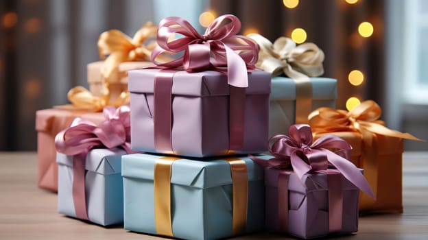 Gifts with bows on a background smudged dark. Gifts as a day symbol of present and love. A time of falling in love and love.