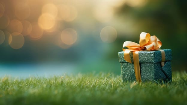 Green gift with a Golden Card on green grass, bokeh effect in the background.Valentine's Day banner with space for your own content. Heart as a symbol of affection and love.