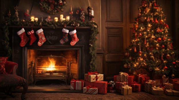 Room with a mass of gifts and a Christmas tree and fireplace hanging socks on the mantelpiece.Valentine's Day banner with space for your own content. Heart as a symbol of affection and love.