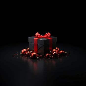 Black gift box with decorations with red bow, red baubles scattered around, black background.Valentine's Day banner with space for your own content. Heart as a symbol of affection and love.