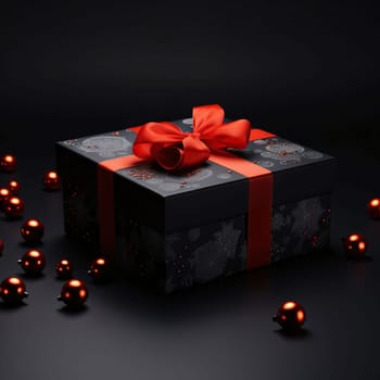 Black gift box with decorations with red bow, red baubles scattered around, black background.Valentine's Day banner with space for your own content. Heart as a symbol of affection and love.