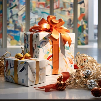 White decorated boxes, gifts with orange bows. Gifts as a day symbol of present and love. A time of falling in love and love.