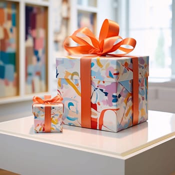 White decorated boxes, gifts with orange bows. Gifts as a day symbol of present and love. A time of falling in love and love.