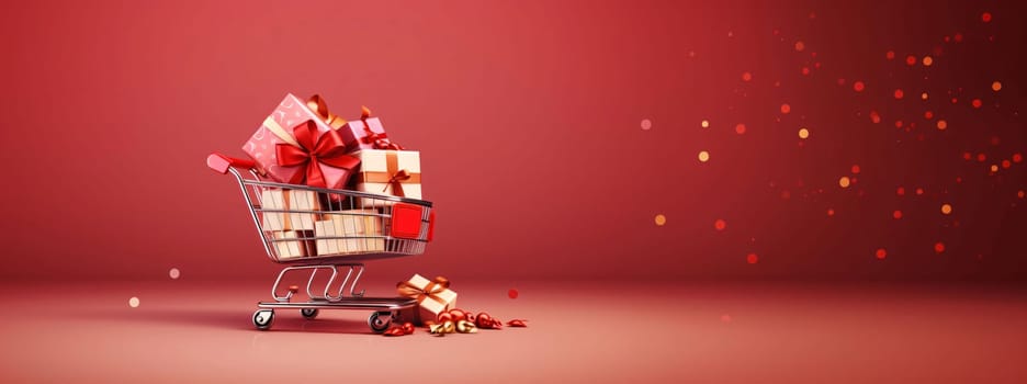 Store cart full of gifts, all around red background with fine gold dust.Valentine's Day banner with space for your own content. Heart as a symbol of affection and love.