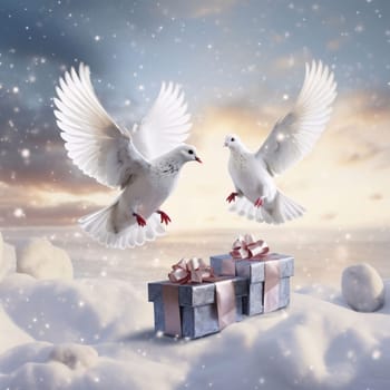 Two white doves in flight over two presents around snow falling snow.Valentine's Day banner with space for your own content. Heart as a symbol of affection and love.