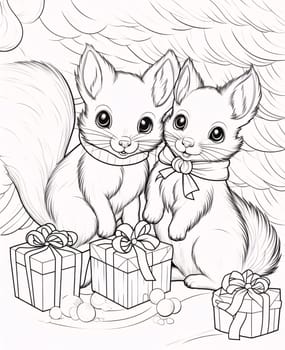 Black and white coloring card: two squirrels and gifts. Gifts as a day symbol of present and love. A time of falling in love and love.