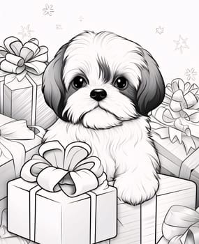 Black and white coloring card: doggie and gifts with bows. Gifts as a day symbol of present and love. A time of falling in love and love.