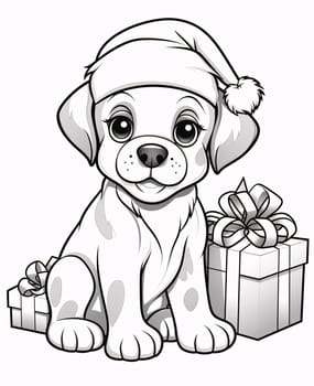 Black and white coloring card: doggie and gifts with bows. Gifts as a day symbol of present and love. A time of falling in love and love.