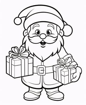 Black and white coloring sheet: Santa Claus with presents. Gifts as a day symbol of present and love. A time of falling in love and love.