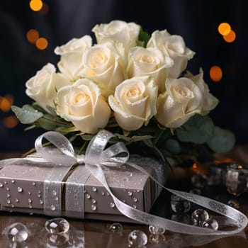 Gifts with bows and white roses. Gifts as a day symbol of present and love. A time of falling in love and love.
