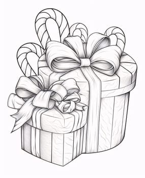 Black and white coloring card: gifts with bows and sticks. Gifts as a day symbol of present and love. A time of falling in love and love.