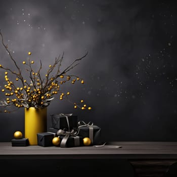 Wooden table top black gifts with bows, gold baubles and dry flowers. Dark background.Valentine's Day banner with space for your own content. Heart as a symbol of affection and love.