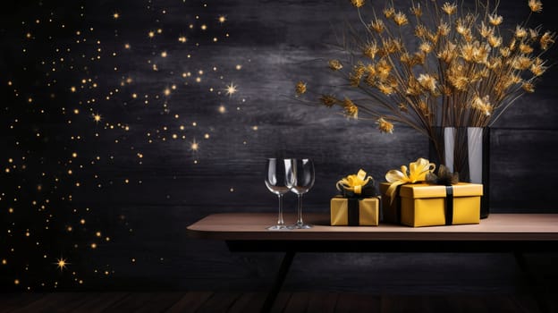 Wooden table top yellow gifts with bows, gold confetti, dust, glasses, dry, flowers, dark background.Valentine's Day banner with space for your own content. Heart as a symbol of affection and love.