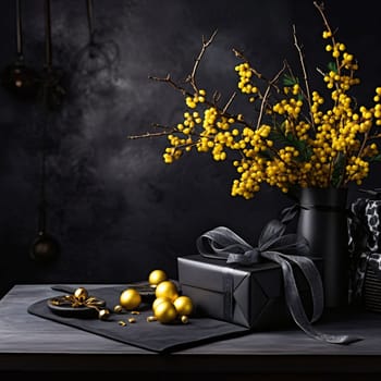 Wooden table top, Black gift with Cocard, golden baubles and dry yellow flowers, black background.Valentine's Day banner with space for your own content. Heart as a symbol of affection and love.