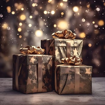 Gold gifts with bows in the background, gold dust side effect. Gifts as a day symbol of present and love. A time of falling in love and love.