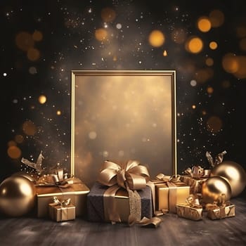 Gold blank card decorated with gifts baubles, dust, bokeh effect. Space for your own content. Gifts as a day symbol of present and love. A time of falling in love and love.