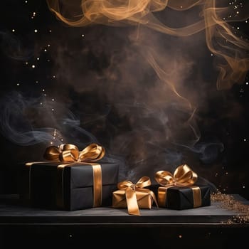 Black gold gifts with gold bows in the background colorful smoke couple. Dark background. Gifts as a day symbol of present and love. A time of falling in love and love.