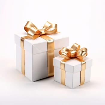 Two white gifts with gold bows, white background. Gifts as a day symbol of present and love. A time of falling in love and love.