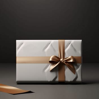 White box, package with gold ribbon, bow, dark background. Gifts as a day symbol of present and love. A time of falling in love and love.