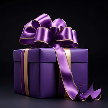 Purple gift box with a bow on a dark background. Gifts as a day symbol of present and love. A time of falling in love and love.