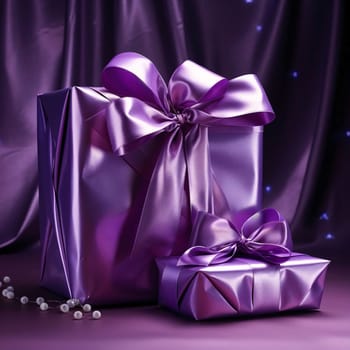 Purple boxes, gifts with bows on purple dark background. Gifts as a day symbol of present and love. A time of falling in love and love.