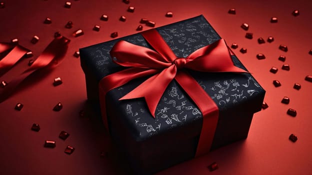 Black box, gift with red bow, red background.Valentine's Day banner with space for your own content. Heart as a symbol of affection and love.