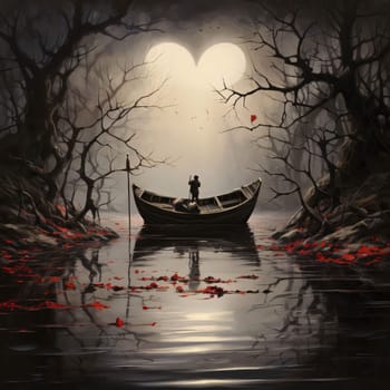 Wooden boat in the middle of a dark forest river in the sky, heart outlines visible. Valentine's Day as a day symbol of affection and love. The time of falling in love and love.