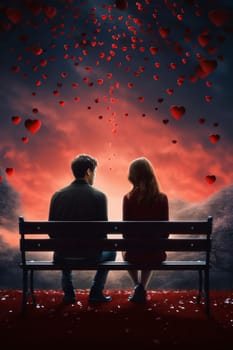 Couple in love boy and girl sitting on a bench in front of them red heart in the sky. Valentine's Day as a day symbol of affection and love. A time of falling in love and love.