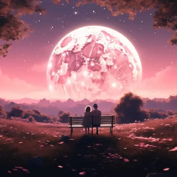 A couple in love sitting on a bench watching the big moon. Valentine's Day as a day symbol of affection and love. A time of falling in love and love.