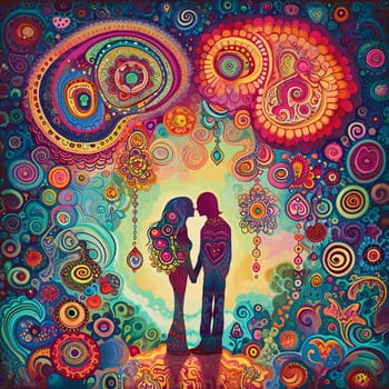 Abstract colorful illustration of kissing couple colorful ornaments circle dashes. Valentine's Day as a day symbol of affection and love. A time of falling in love and love.