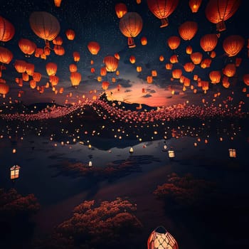 Illustration of sunset and hanging hundreds of Chinese lanterns. Chinese New Year celebrations. A time of celebration and resolutions.