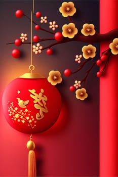 Red decorated Chinese lantern and branches with colorful buds. Chinese New Year celebrations. A time of celebration and resolutions.