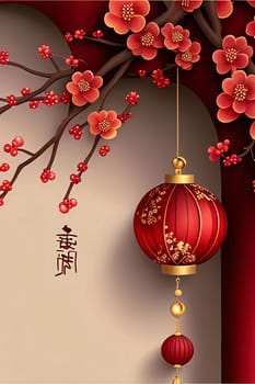 Red decorated Chinese lantern and branches with colorful buds. Chinese New Year celebrations. A time of celebration and resolutions.