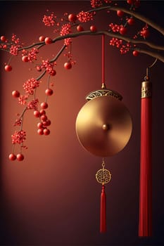 Red decorated Chinese lantern and branches with colorful buds. Chinese New Year celebrations. A time of celebration and resolutions.