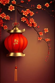 Red decorated Chinese lantern and branches with colorful buds. Chinese New Year celebrations. A time of celebration and resolutions.