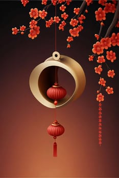 Red decorated Chinese lantern and branches with colorful buds. Chinese New Year celebrations. A time of celebration and resolutions.