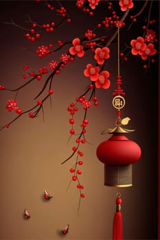 Red decorated Chinese lantern and branches with colorful buds. Chinese New Year celebrations. A time of celebration and resolutions.