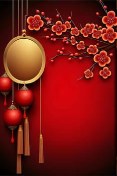 Red decorated Chinese lantern and branches with colorful buds. Chinese New Year celebrations. A time of celebration and resolutions.