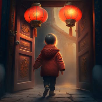 A little girl walking out through a wooden door in the middle of two red Lanterns. Chinese New Year celebrations. A time of celebration and resolutions.