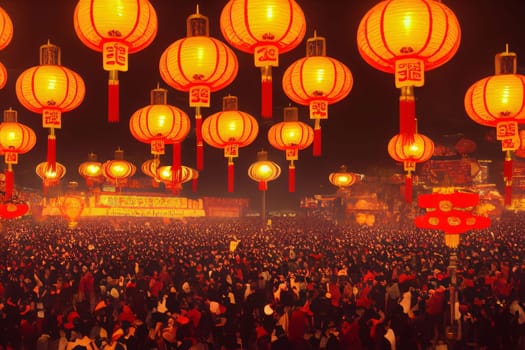 Gathered thousands of people and hanging colorful red, orange lanterns. Chinese New Year celebrations. A time of celebration and resolutions.