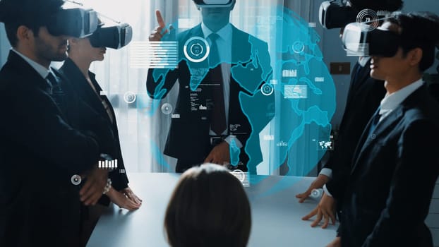 Smart manager using VR glass to connect global networking connection with hologram of big data and digital screen flowing while team programing system. Cloud and security data protection. Directorate.