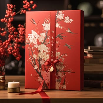 Red card with white bud flowers, Adorned with a red bow on a wooden table top. Chinese New Year celebrations. A time of celebration and resolutions.