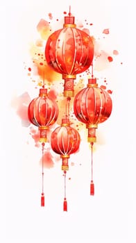 Illustration of four red colored Chinese lanterns on an isolated background. Chinese New Year celebrations. A time of celebration and resolutions.