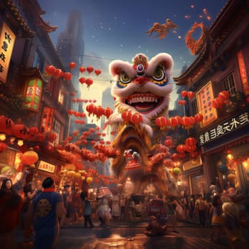Abstract illustration of big ominous Chinese dragon Chinese Lanterns on the streets. Chinese New Year celebrations. A time of celebration and resolutions.